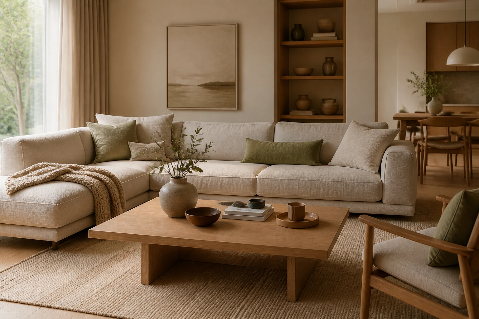 Living room composition with neutral sofa wood table and soft daylight