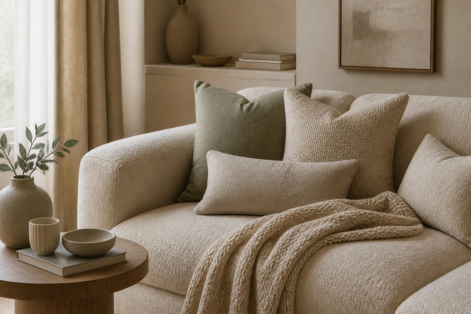 Sofa corner with throw pillows textured blanket and calm home styling
