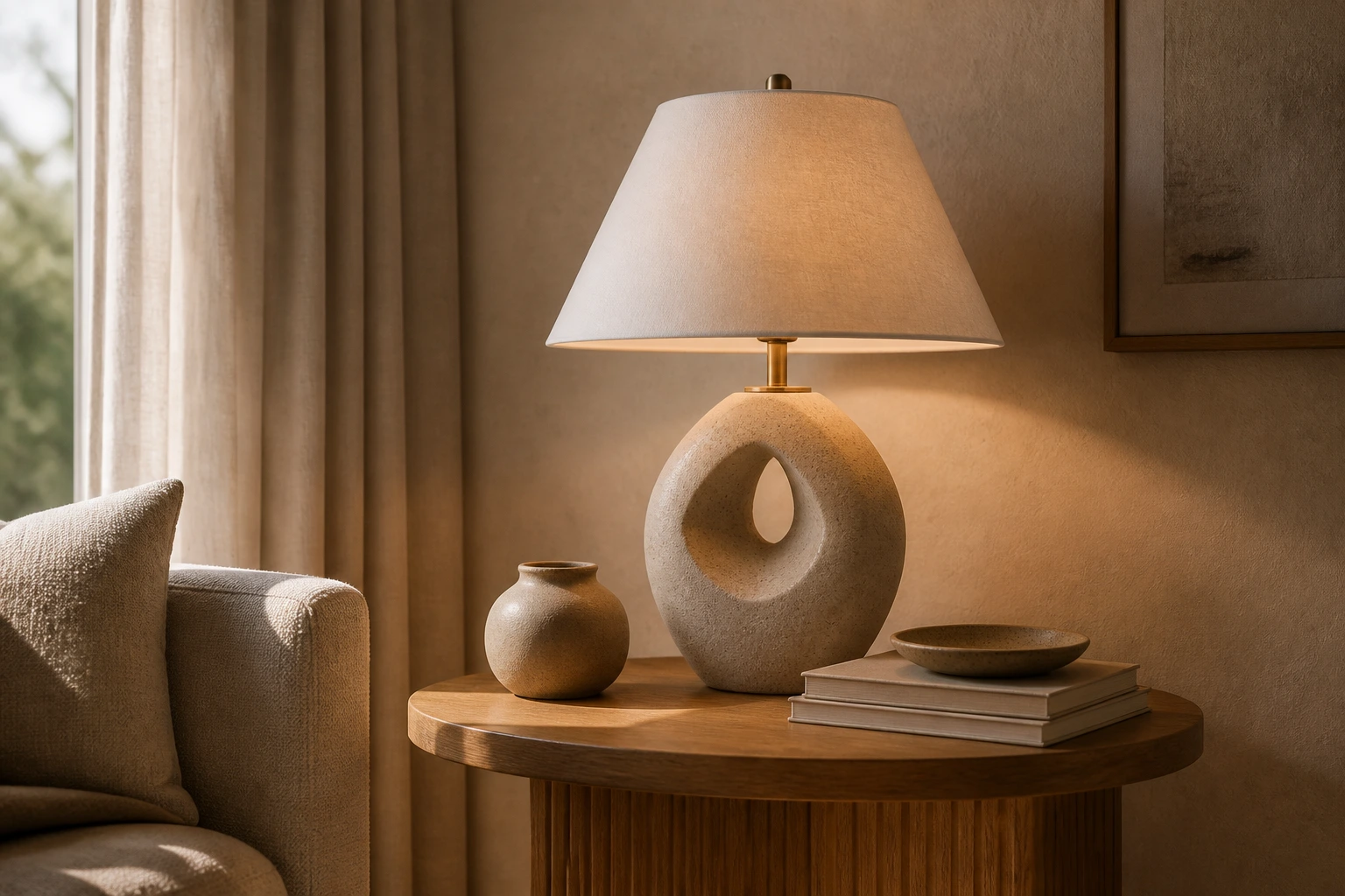 Table lamp and side table arranged in a minimal interior scene