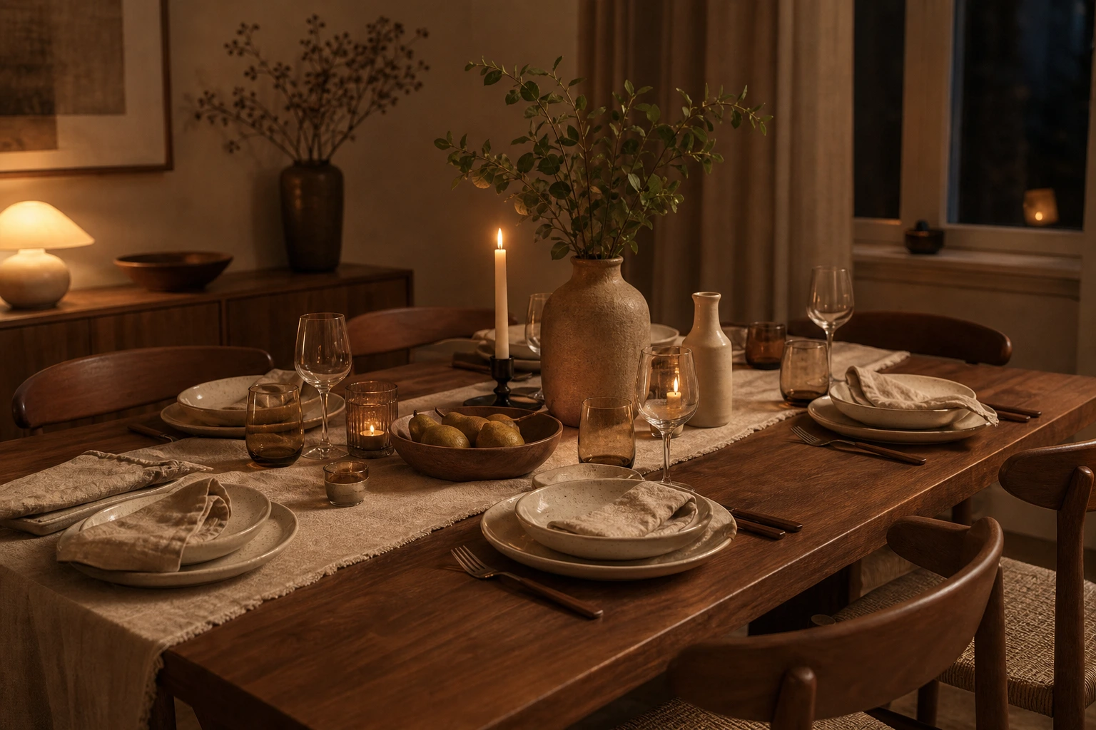 Dining table set with ceramics linen and warm evening light