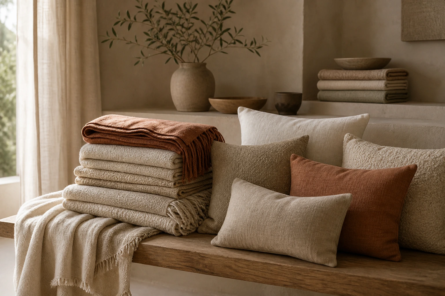 Folded textiles and cushions arranged in a soft neutral palette