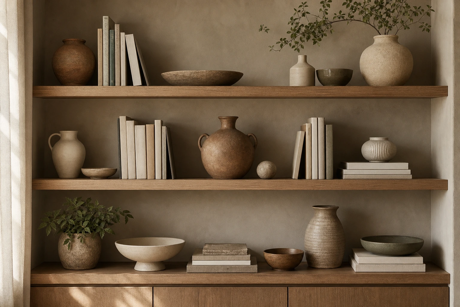 Decor shelf styled with ceramics books and small home objects