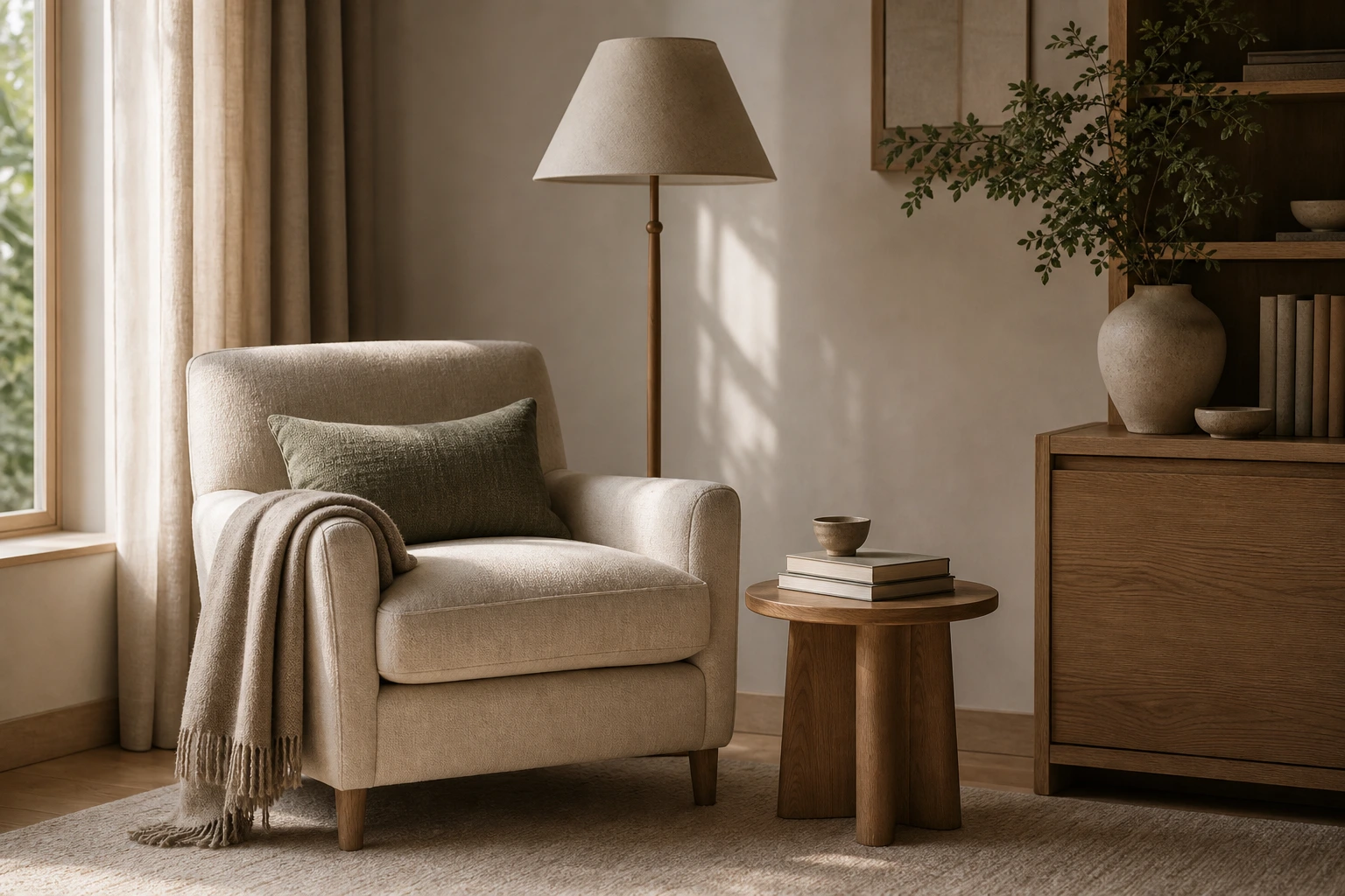 Reading chair corner with floor lamp and quiet living-room mood