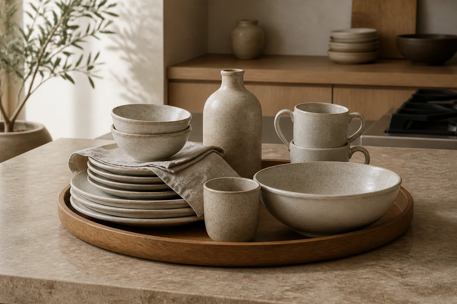 Ceramics and tableware grouped on a kitchen island tray