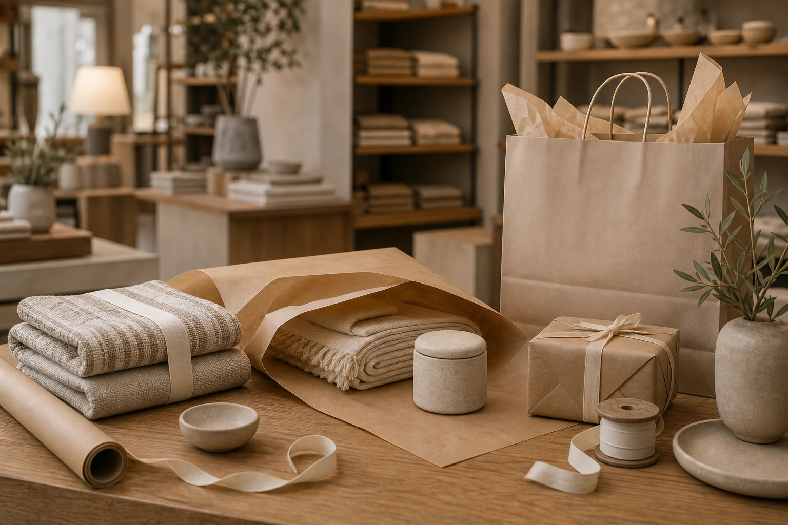 Home decor packaging desk with wrapped textiles and premium receipt cards
