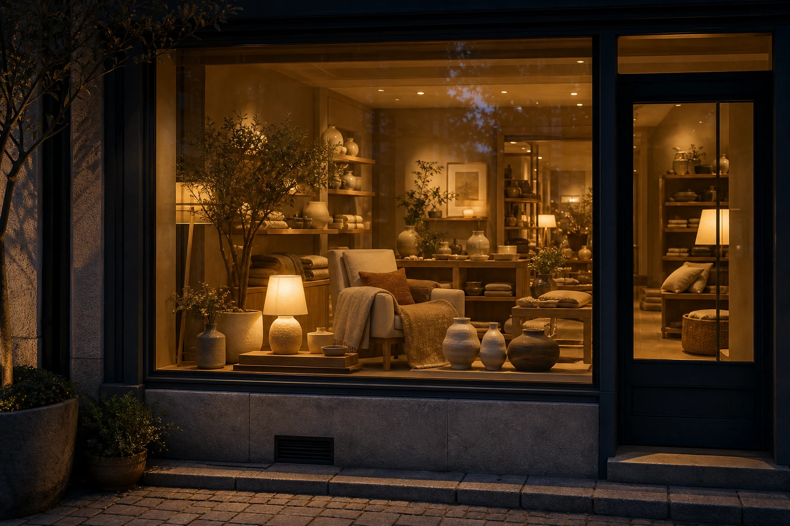 Home decor storefront window with warm interior light after sunset