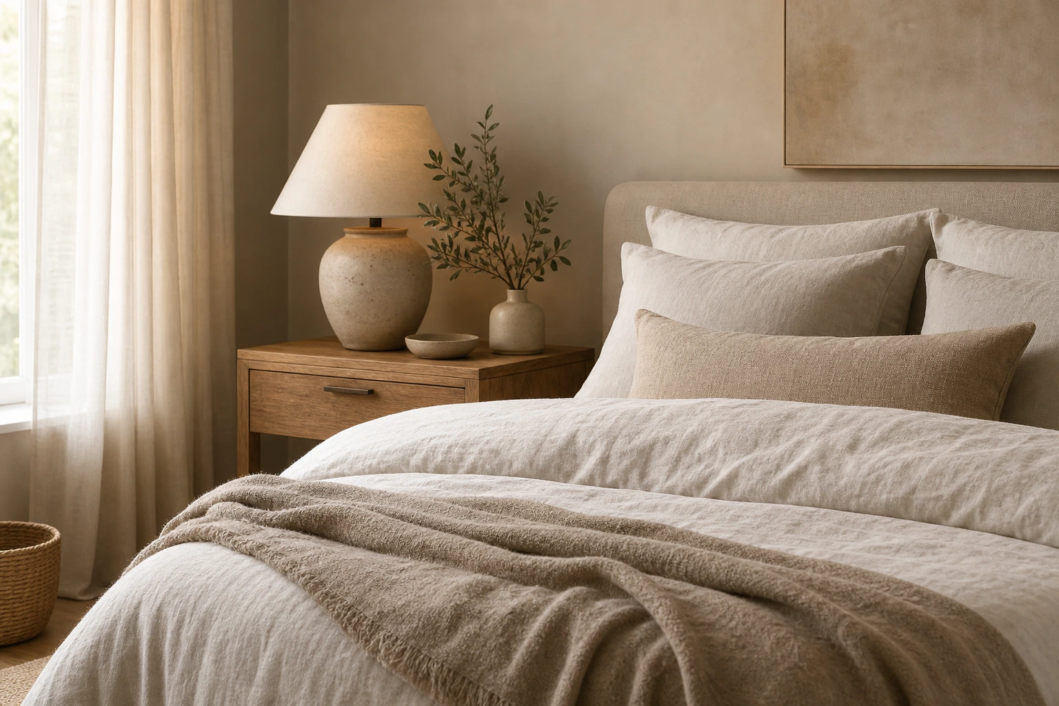 Bedroom scene with bedding side table and soft home styling