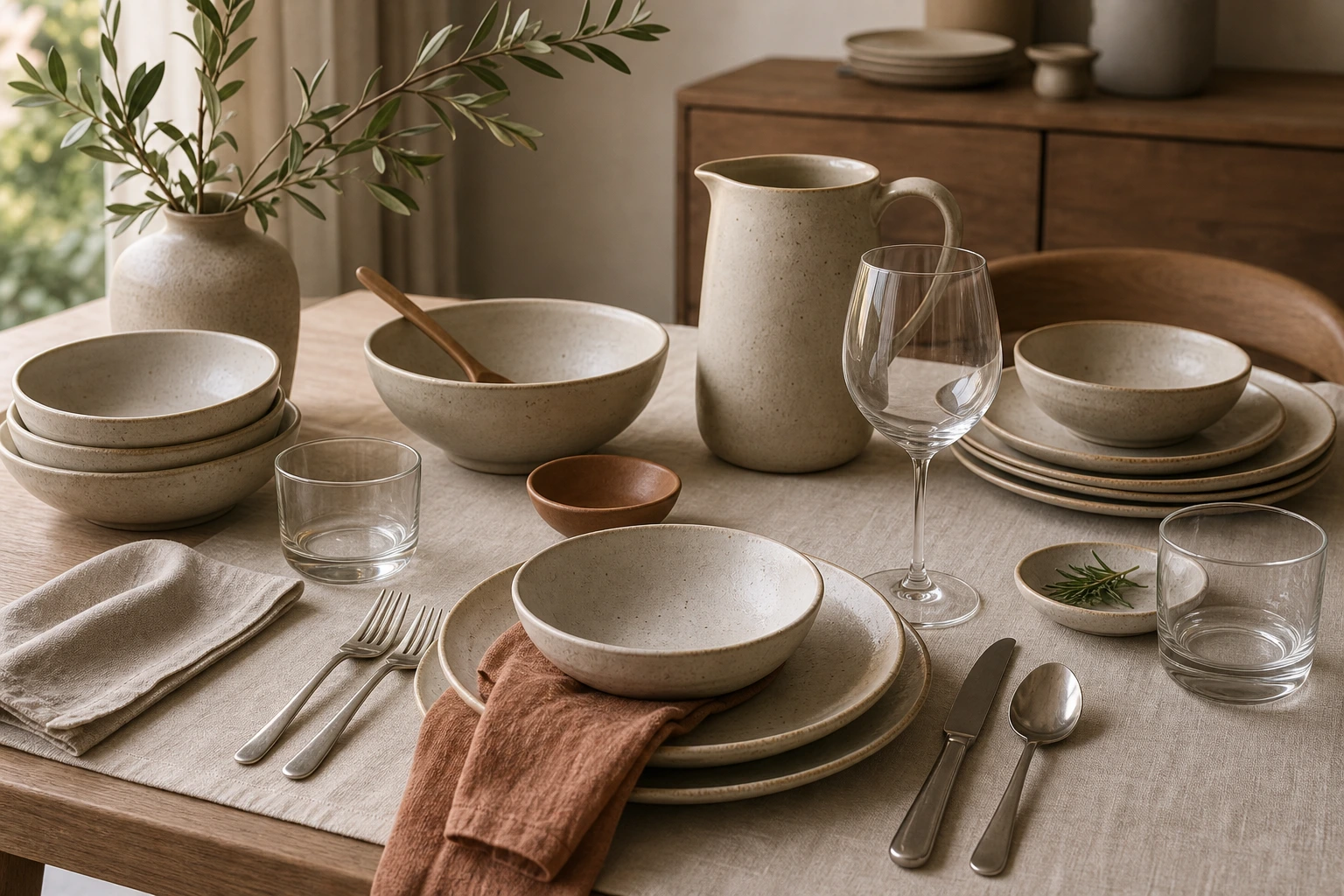 Tableware and serving pieces arranged as a premium home card